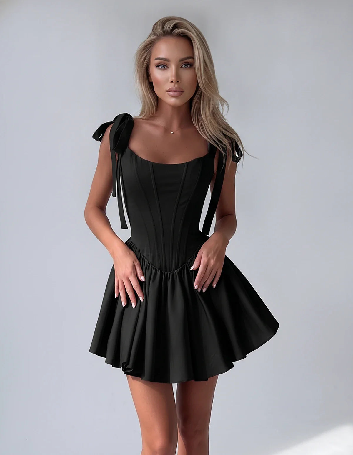 Satin Square Neck Corset Fit and Flare Mini Dress with Tie Straps for Party, Cocktail, Evening, Summer & Wedding Guest Events | SKU: VMD-583927461852741-BLACK-L,VMD-583927461852741-BLACK-M,VMD-583927461852741-BLACK-S,VMD-583927461852741-BLACK-XL,VMD-583927461852741-BLACK-XS
