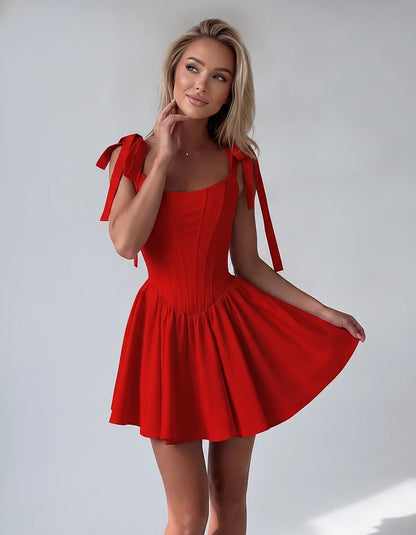 Satin Square Neck Corset Fit and Flare Mini Dress with Tie Straps for Party, Cocktail, Evening, Summer & Wedding Guest Events | SKU: VMD-583927461852741-RED-L,VMD-583927461852741-RED-M,VMD-583927461852741-RED-S,VMD-583927461852741-RED-XL,VMD-583927461852741-RED-XS