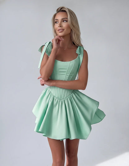 Satin Square Neck Corset Fit and Flare Mini Dress with Tie Straps for Party, Cocktail, Evening, Summer & Wedding Guest Events | SKU: VMD-583927461852741-EMERALD-L,VMD-583927461852741-EMERALD-M,VMD-583927461852741-EMERALD-S,VMD-583927461852741-EMERALD-XL,VMD-583927461852741-EMERALD-XS
