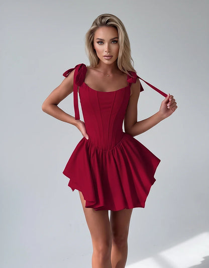 Satin Square Neck Corset Fit and Flare Mini Dress with Tie Straps for Party, Cocktail, Evening, Summer & Wedding Guest Events | SKU: VMD-583927461852741-BURGUNDY-L,VMD-583927461852741-BURGUNDY-M,VMD-583927461852741-BURGUNDY-S,VMD-583927461852741-BURGUNDY-XL,VMD-583927461852741-BURGUNDY-XS