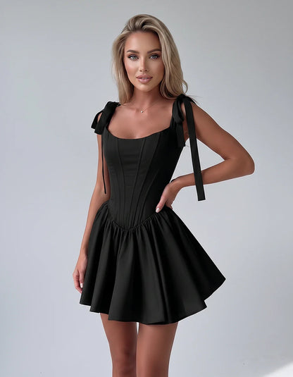 Satin Square Neck Corset Fit and Flare Mini Dress with Tie Straps for Party, Cocktail, Evening, Summer & Wedding Guest Events | SKU: VMD-583927461852741-BLACK-L,VMD-583927461852741-BLACK-M,VMD-583927461852741-BLACK-S,VMD-583927461852741-BLACK-XL,VMD-583927461852741-BLACK-XS