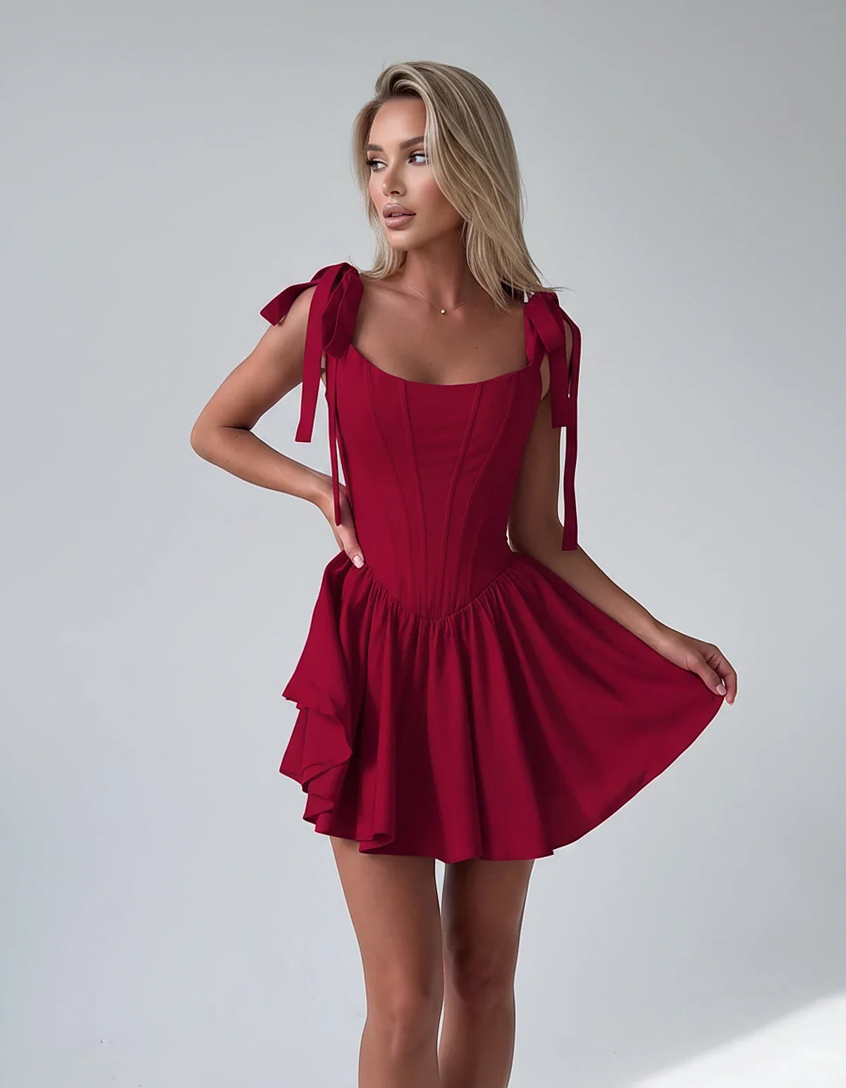Satin Square Neck Corset Fit and Flare Mini Dress with Tie Straps for Party, Cocktail, Evening, Summer & Wedding Guest Events | SKU: VMD-583927461852741-BURGUNDY-L,VMD-583927461852741-BURGUNDY-M,VMD-583927461852741-BURGUNDY-S,VMD-583927461852741-BURGUNDY-XL,VMD-583927461852741-BURGUNDY-XS