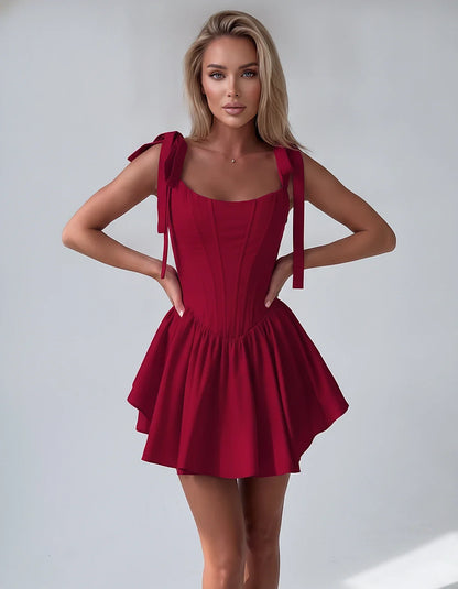 Satin Square Neck Corset Fit and Flare Mini Dress with Tie Straps for Party, Cocktail, Evening, Summer & Wedding Guest Events | SKU: VMD-583927461852741-BURGUNDY-L,VMD-583927461852741-BURGUNDY-M,VMD-583927461852741-BURGUNDY-S,VMD-583927461852741-BURGUNDY-XL,VMD-583927461852741-BURGUNDY-XS