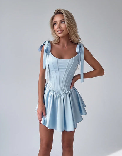 Satin Square Neck Corset Fit and Flare Mini Dress with Tie Straps for Party, Cocktail, Evening, Summer & Wedding Guest Events | SKU: VMD-583927461852741-SKYBLUE-L,VMD-583927461852741-SKYBLUE-M,VMD-583927461852741-SKYBLUE-S,VMD-583927461852741-SKYBLUE-XL,VMD-583927461852741-SKYBLUE-XS