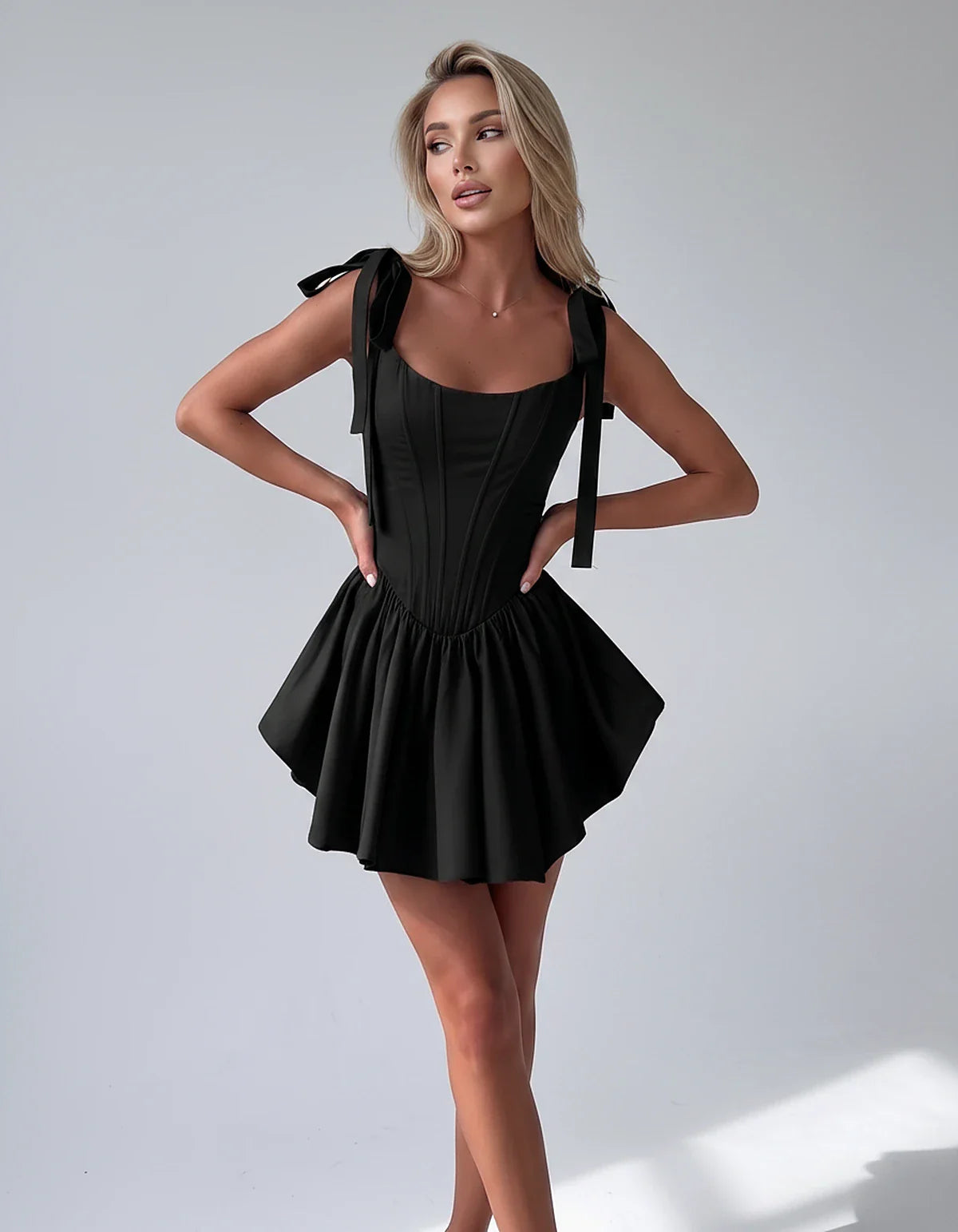 Satin Square Neck Corset Fit and Flare Mini Dress with Tie Straps for Party, Cocktail, Evening, Summer & Wedding Guest Events | SKU: VMD-583927461852741-BLACK-L,VMD-583927461852741-BLACK-M,VMD-583927461852741-BLACK-S,VMD-583927461852741-BLACK-XL,VMD-583927461852741-BLACK-XS