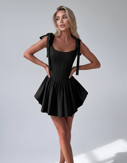 Satin Square Neck Corset Fit and Flare Mini Dress with Tie Straps for Party, Cocktail, Evening, Summer & Wedding Guest Events | SKU: VMD-583927461852741-BLACK-L,VMD-583927461852741-BLACK-M,VMD-583927461852741-BLACK-S,VMD-583927461852741-BLACK-XL,VMD-583927461852741-BLACK-XS