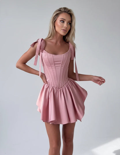 Satin Square Neck Corset Fit and Flare Mini Dress with Tie Straps for Party, Cocktail, Evening, Summer & Wedding Guest Events | SKU: VMD-583927461852741-DUSTYPINK-L,VMD-583927461852741-DUSTYPINK-M,VMD-583927461852741-DUSTYPINK-S,VMD-583927461852741-DUSTYPINK-XL,VMD-583927461852741-DUSTYPINK-XS