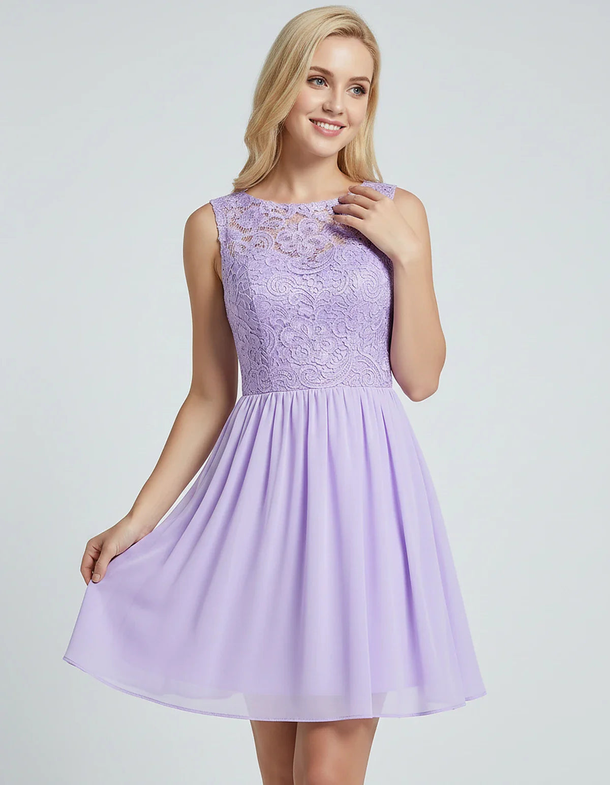 Lace Chiffon Sleeveless Scoop Neck A-Line Mini Dress for Party, Cocktail, Evening Events, Summer Celebrations & Wedding Guest | SKU: VMD-583920174628315-LILAC-L,VMD-583920174628315-LILAC-M,VMD-583920174628315-LILAC-S,VMD-583920174628315-LILAC-XL,VMD-583920174628315-LILAC-XS