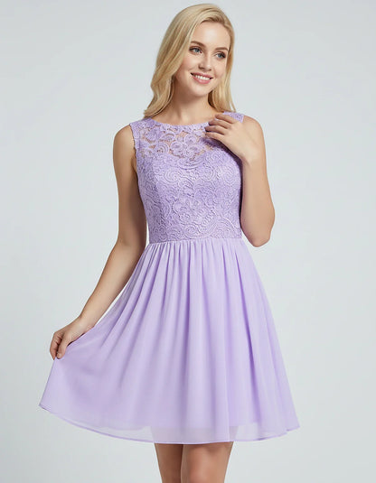 Lace Chiffon Sleeveless Scoop Neck A-Line Mini Dress for Party, Cocktail, Evening Events, Summer Celebrations & Wedding Guest | SKU: VMD-583920174628315-LILAC-L,VMD-583920174628315-LILAC-M,VMD-583920174628315-LILAC-S,VMD-583920174628315-LILAC-XL,VMD-583920174628315-LILAC-XS