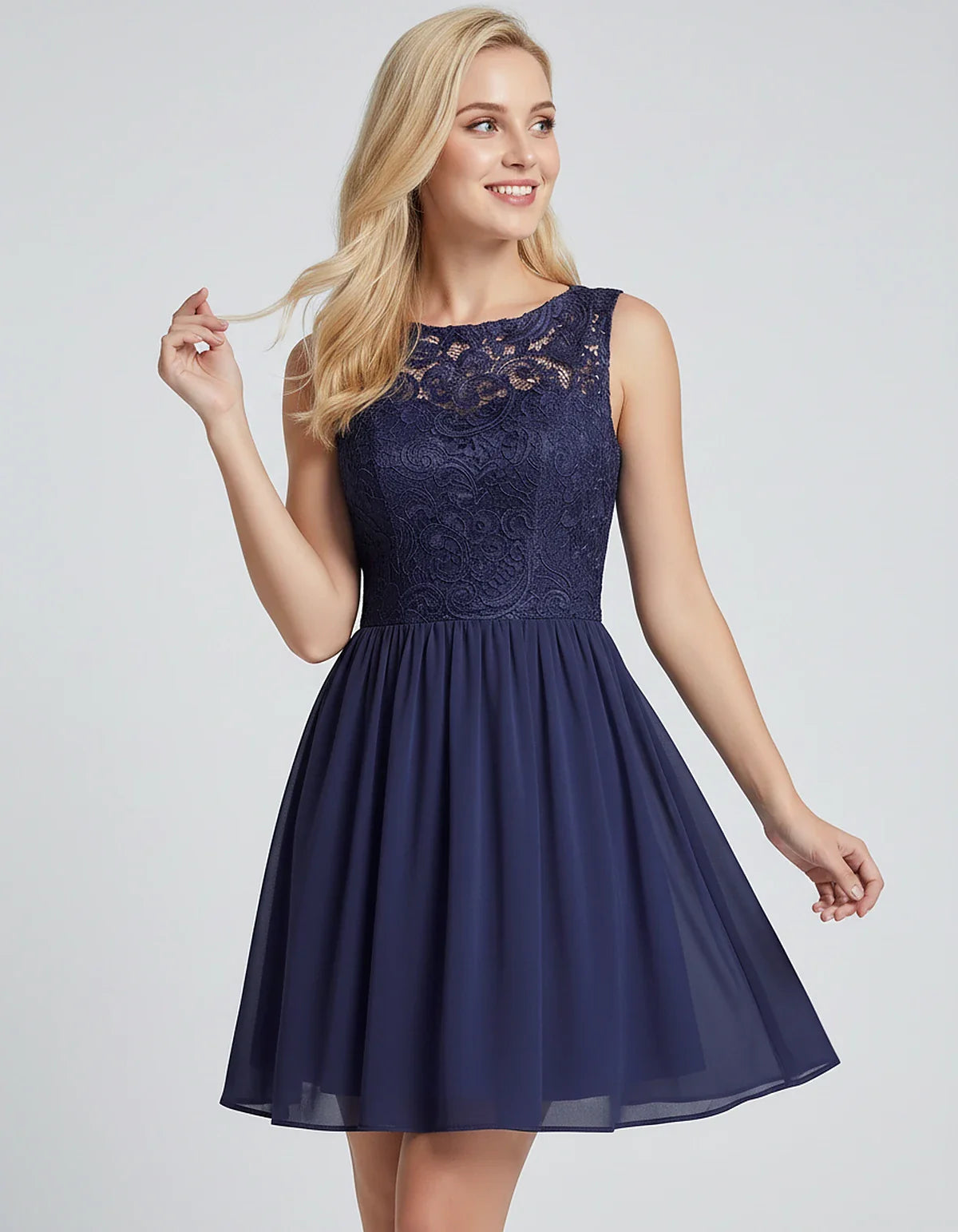 Lace Chiffon Sleeveless Scoop Neck A-Line Mini Dress for Party, Cocktail, Evening Events, Summer Celebrations & Wedding Guest | SKU: VMD-583920174628315-NAVY-L,VMD-583920174628315-NAVY-M,VMD-583920174628315-NAVY-S,VMD-583920174628315-NAVY-XL,VMD-583920174628315-NAVY-XS
