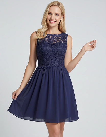 Lace Chiffon Sleeveless Scoop Neck A-Line Mini Dress for Party, Cocktail, Evening Events, Summer Celebrations & Wedding Guest | SKU: VMD-583920174628315-NAVY-L,VMD-583920174628315-NAVY-M,VMD-583920174628315-NAVY-S,VMD-583920174628315-NAVY-XL,VMD-583920174628315-NAVY-XS