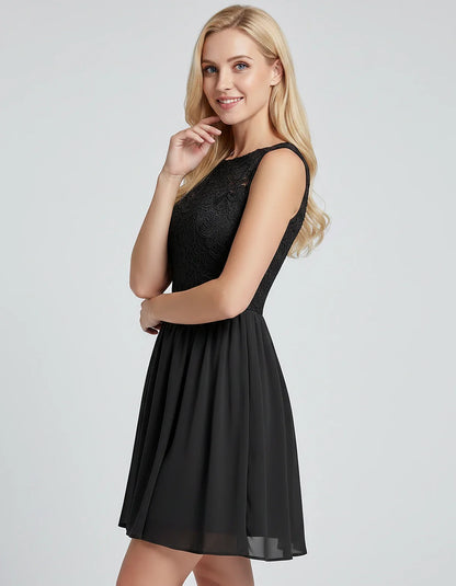 Lace Chiffon Sleeveless Scoop Neck A-Line Mini Dress for Party, Cocktail, Evening Events, Summer Celebrations & Wedding Guest | SKU: VMD-583920174628315-BLACK-L,VMD-583920174628315-BLACK-M,VMD-583920174628315-BLACK-S,VMD-583920174628315-BLACK-XL,VMD-583920174628315-BLACK-XS