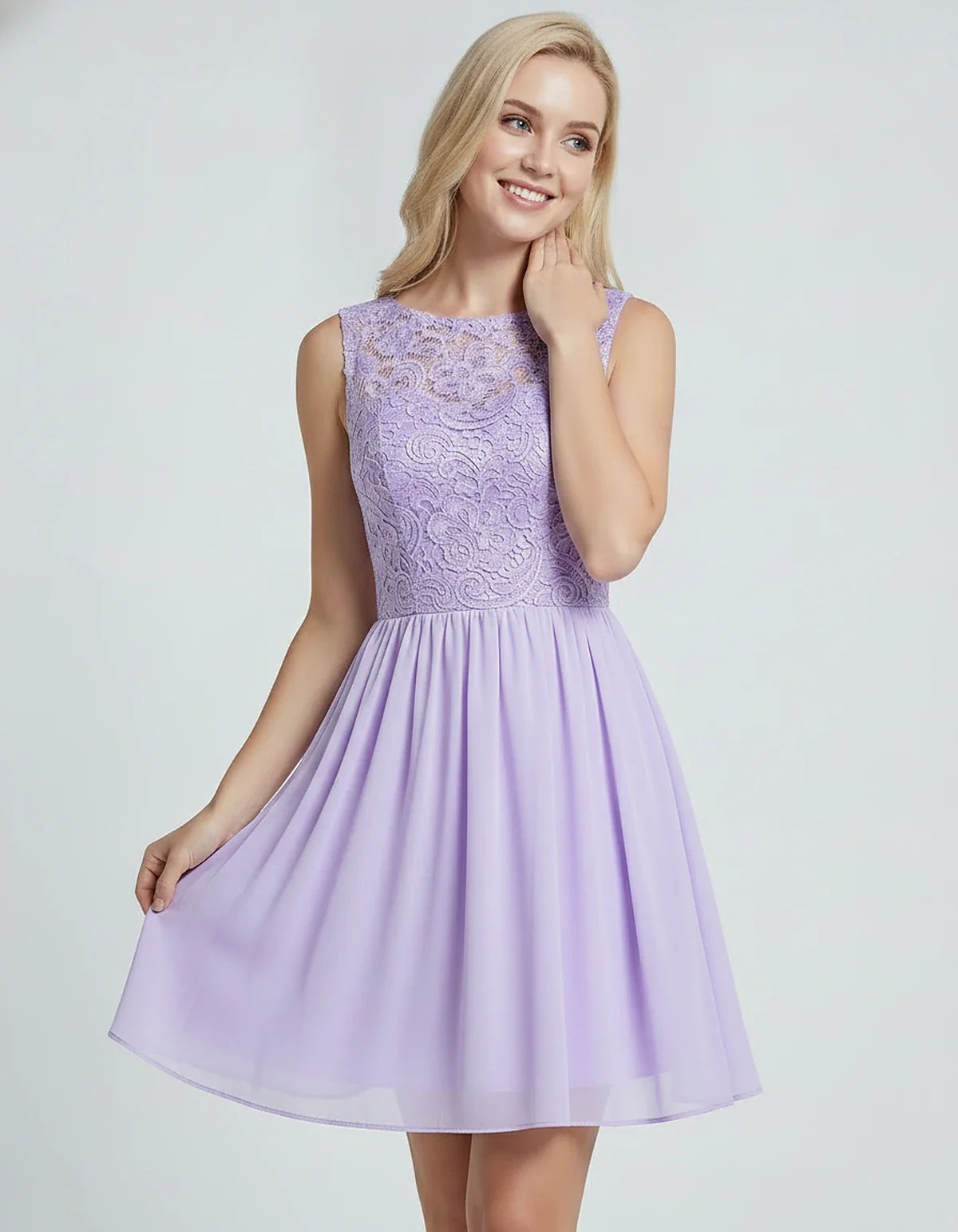 Lace Chiffon Sleeveless Scoop Neck A-Line Mini Dress for Party, Cocktail, Evening Events, Summer Celebrations & Wedding Guest | SKU: VMD-583920174628315-LILAC-L,VMD-583920174628315-LILAC-M,VMD-583920174628315-LILAC-S,VMD-583920174628315-LILAC-XL,VMD-583920174628315-LILAC-XS