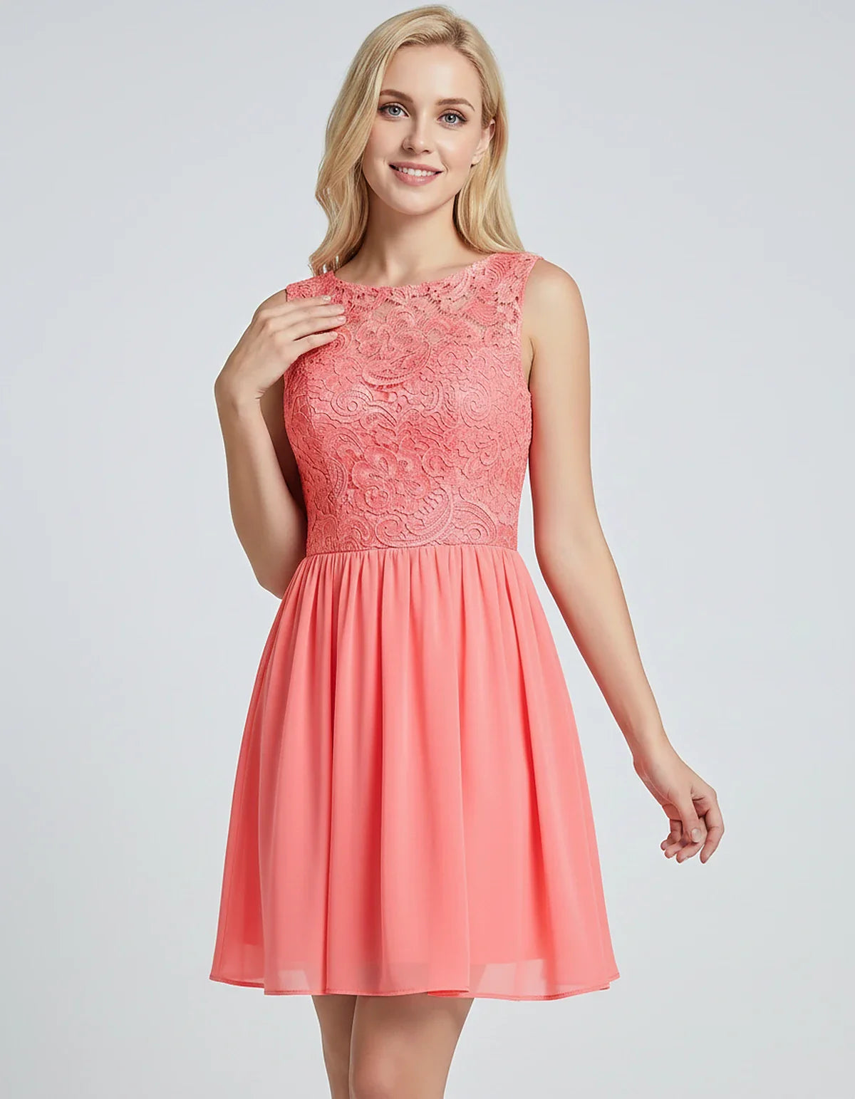 Lace Chiffon Sleeveless Scoop Neck A-Line Mini Dress for Party, Cocktail, Evening Events, Summer Celebrations & Wedding Guest | SKU: VMD-583920174628315-CORAL-L,VMD-583920174628315-CORAL-M,VMD-583920174628315-CORAL-S,VMD-583920174628315-CORAL-XL,VMD-583920174628315-CORAL-XS