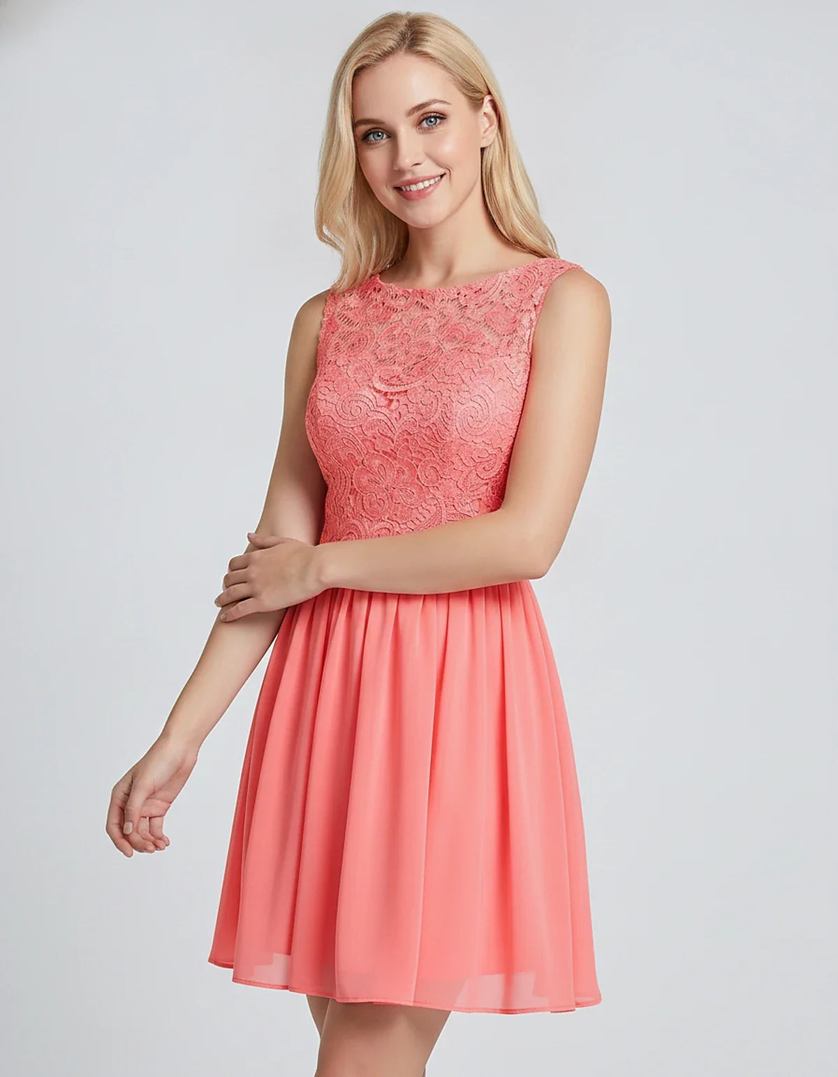 Lace Chiffon Sleeveless Scoop Neck A-Line Mini Dress for Party, Cocktail, Evening Events, Summer Celebrations & Wedding Guest | SKU: VMD-583920174628315-CORAL-L,VMD-583920174628315-CORAL-M,VMD-583920174628315-CORAL-S,VMD-583920174628315-CORAL-XL,VMD-583920174628315-CORAL-XS