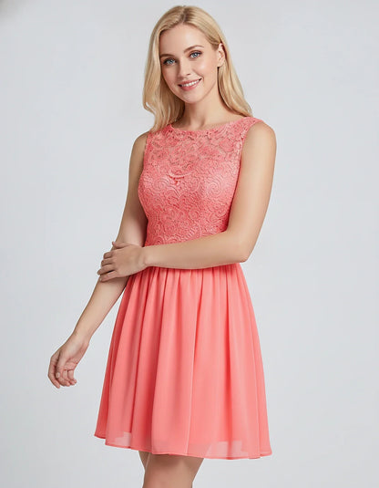 Lace Chiffon Sleeveless Scoop Neck A-Line Mini Dress for Party, Cocktail, Evening Events, Summer Celebrations & Wedding Guest | SKU: VMD-583920174628315-CORAL-L,VMD-583920174628315-CORAL-M,VMD-583920174628315-CORAL-S,VMD-583920174628315-CORAL-XL,VMD-583920174628315-CORAL-XS