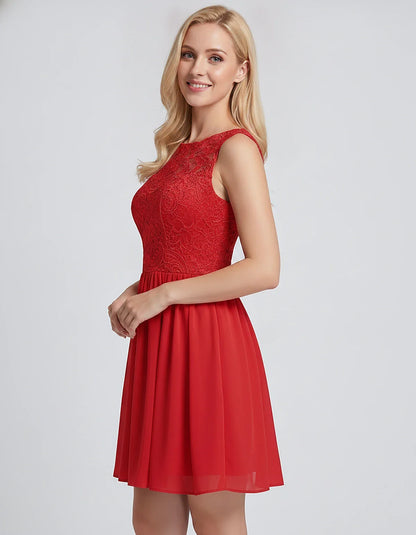 Lace Chiffon Sleeveless Scoop Neck A-Line Mini Dress for Party, Cocktail, Evening Events, Summer Celebrations & Wedding Guest | SKU: VMD-583920174628315-RED-L,VMD-583920174628315-RED-M,VMD-583920174628315-RED-S,VMD-583920174628315-RED-XL,VMD-583920174628315-RED-XS