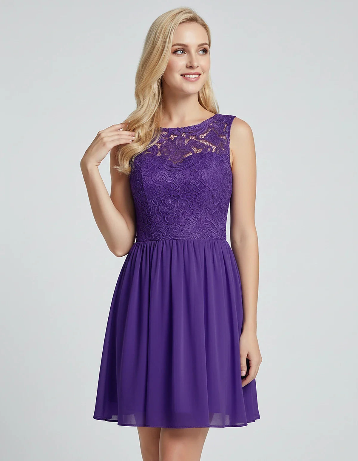 Lace Chiffon Sleeveless Scoop Neck A-Line Mini Dress for Party, Cocktail, Evening Events, Summer Celebrations & Wedding Guest | SKU: VMD-583920174628315-PURPLE-L,VMD-583920174628315-PURPLE-M,VMD-583920174628315-PURPLE-S,VMD-583920174628315-PURPLE-XL,VMD-583920174628315-PURPLE-XS