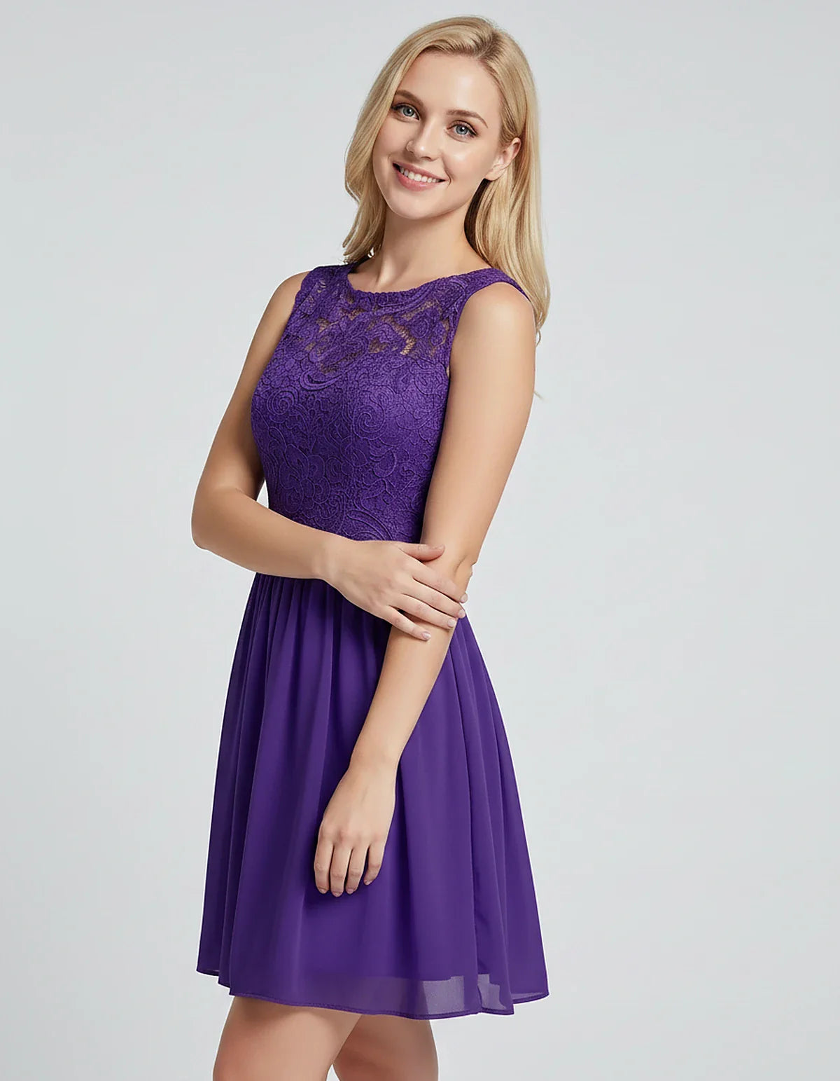 Lace Chiffon Sleeveless Scoop Neck A-Line Mini Dress for Party, Cocktail, Evening Events, Summer Celebrations & Wedding Guest | SKU: VMD-583920174628315-PURPLE-L,VMD-583920174628315-PURPLE-M,VMD-583920174628315-PURPLE-S,VMD-583920174628315-PURPLE-XL,VMD-583920174628315-PURPLE-XS