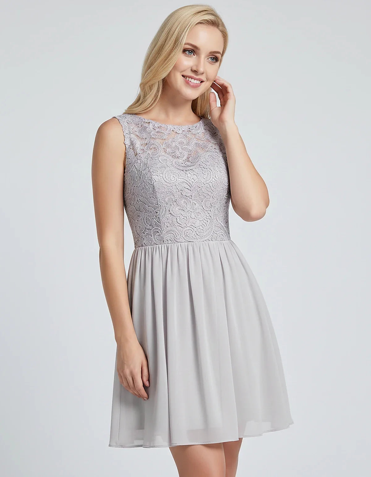 Lace Chiffon Sleeveless Scoop Neck A-Line Mini Dress for Party, Cocktail, Evening Events, Summer Celebrations & Wedding Guest | SKU: VMD-583920174628315-SILVER-L,VMD-583920174628315-SILVER-M,VMD-583920174628315-SILVER-S,VMD-583920174628315-SILVER-XL,VMD-583920174628315-SILVER-XS