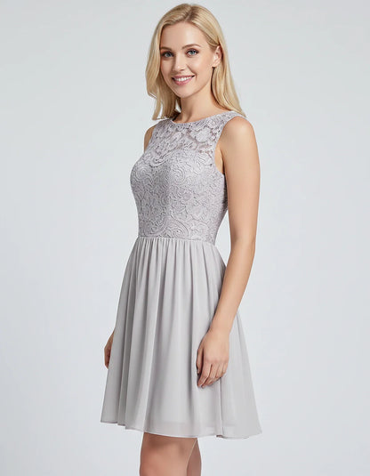 Lace Chiffon Sleeveless Scoop Neck A-Line Mini Dress for Party, Cocktail, Evening Events, Summer Celebrations & Wedding Guest | SKU: VMD-583920174628315-SILVER-L,VMD-583920174628315-SILVER-M,VMD-583920174628315-SILVER-S,VMD-583920174628315-SILVER-XL,VMD-583920174628315-SILVER-XS