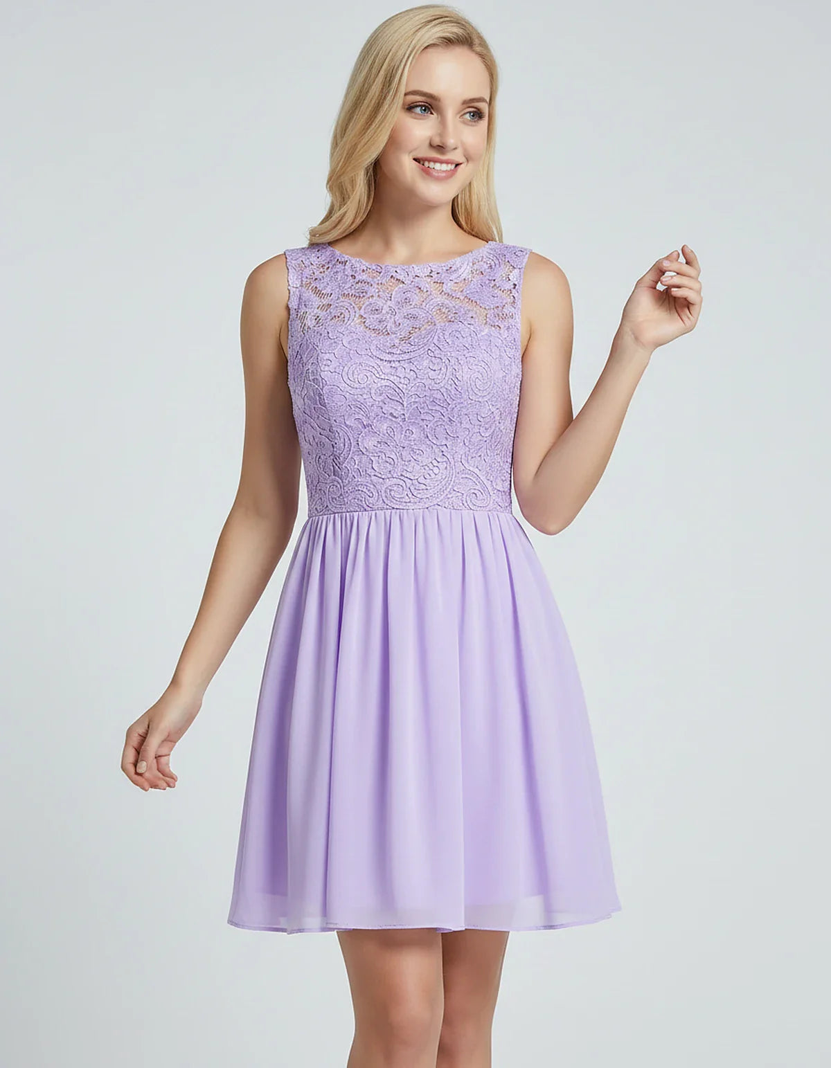Lace Chiffon Sleeveless Scoop Neck A-Line Mini Dress for Party, Cocktail, Evening Events, Summer Celebrations & Wedding Guest | SKU: VMD-583920174628315-LILAC-L,VMD-583920174628315-LILAC-M,VMD-583920174628315-LILAC-S,VMD-583920174628315-LILAC-XL,VMD-583920174628315-LILAC-XS