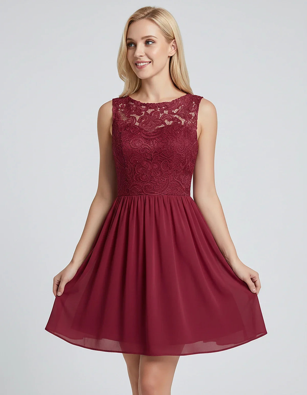 Lace Chiffon Sleeveless Scoop Neck A-Line Mini Dress for Party, Cocktail, Evening Events, Summer Celebrations & Wedding Guest | SKU: VMD-583920174628315-BURGUNDY-L,VMD-583920174628315-BURGUNDY-M,VMD-583920174628315-BURGUNDY-S,VMD-583920174628315-BURGUNDY-XL,VMD-583920174628315-BURGUNDY-XS