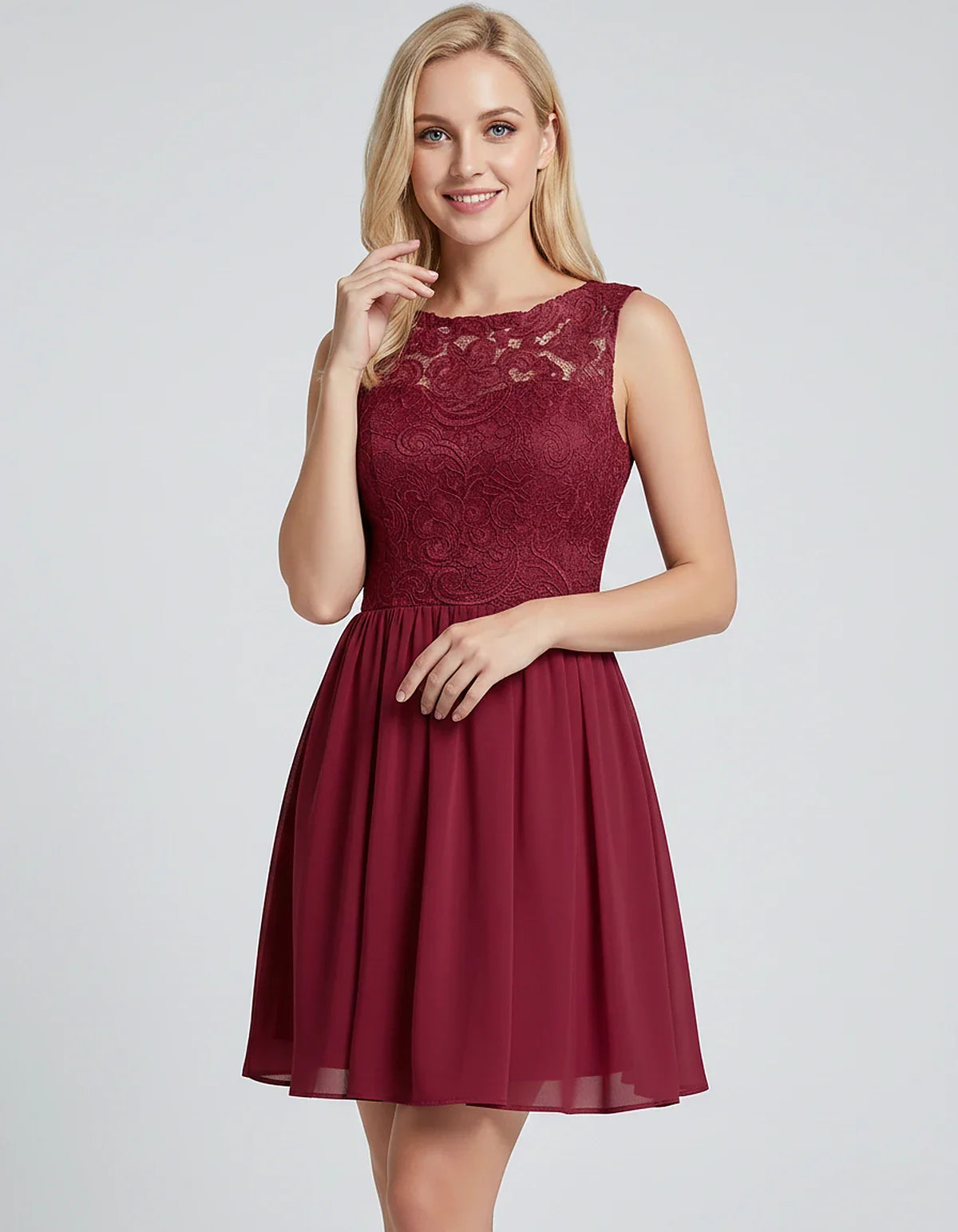 Lace Chiffon Sleeveless Scoop Neck A-Line Mini Dress for Party, Cocktail, Evening Events, Summer Celebrations & Wedding Guest | SKU: VMD-583920174628315-BURGUNDY-L,VMD-583920174628315-BURGUNDY-M,VMD-583920174628315-BURGUNDY-S,VMD-583920174628315-BURGUNDY-XL,VMD-583920174628315-BURGUNDY-XS