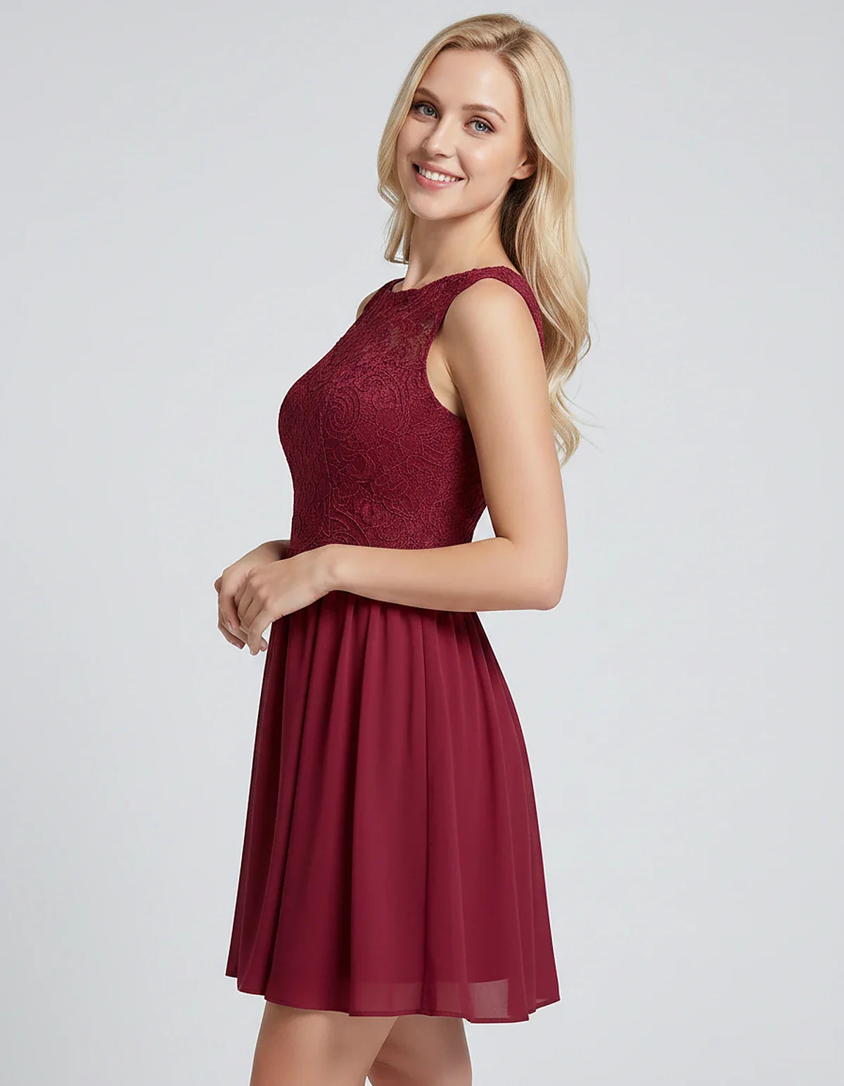 Lace Chiffon Sleeveless Scoop Neck A-Line Mini Dress for Party, Cocktail, Evening Events, Summer Celebrations & Wedding Guest | SKU: VMD-583920174628315-BURGUNDY-L,VMD-583920174628315-BURGUNDY-M,VMD-583920174628315-BURGUNDY-S,VMD-583920174628315-BURGUNDY-XL,VMD-583920174628315-BURGUNDY-XS