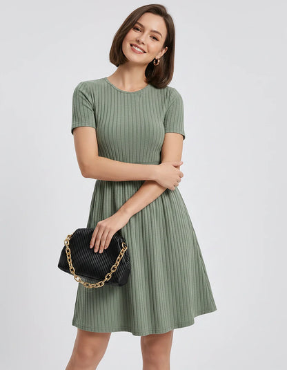 Ribbed Knit Short Sleeve O-Neck Fit and Flare Mini Dress for Party, Cocktail, Evening, Summer and Wedding Guest Wear, front v | SKU: VMD-584729163847251-GREEN-L,VMD-584729163847251-GREEN-M,VMD-584729163847251-GREEN-S,VMD-584729163847251-GREEN-XL,VMD-584729163847251-GREEN-XS