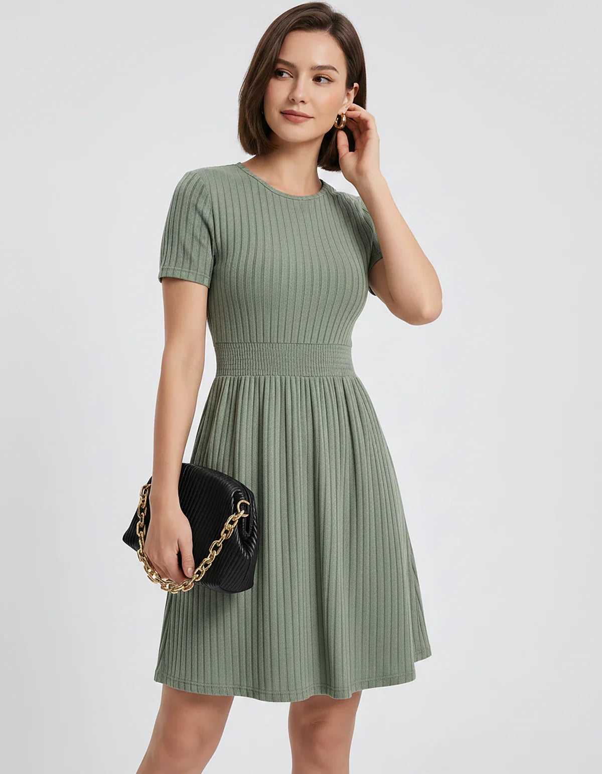 Ribbed Knit Short Sleeve O-Neck Fit and Flare Mini Dress for Party, Cocktail, Evening, Summer and Wedding Guest Wear, front v | SKU: VMD-584729163847251-GREEN-L,VMD-584729163847251-GREEN-M,VMD-584729163847251-GREEN-S,VMD-584729163847251-GREEN-XL,VMD-584729163847251-GREEN-XS