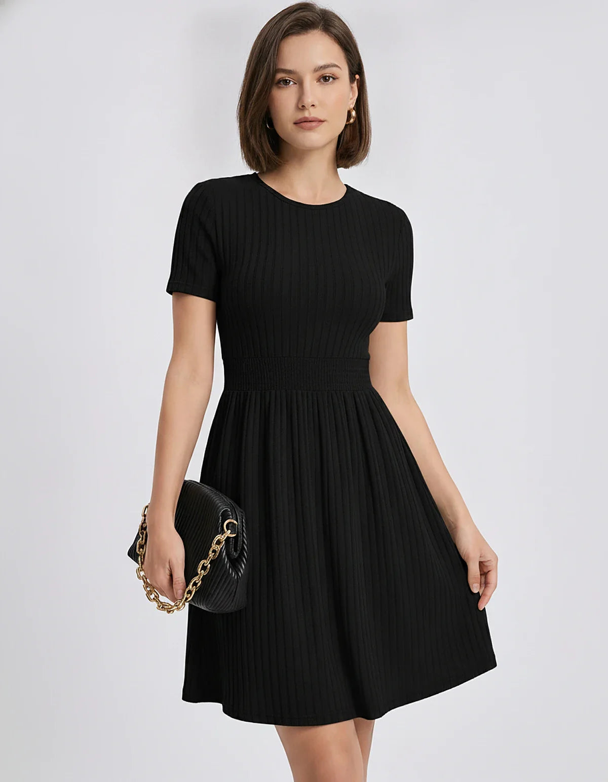 Ribbed Knit Short Sleeve O-Neck Fit and Flare Mini Dress for Party, Cocktail, Evening, Summer and Wedding Guest Wear in Black