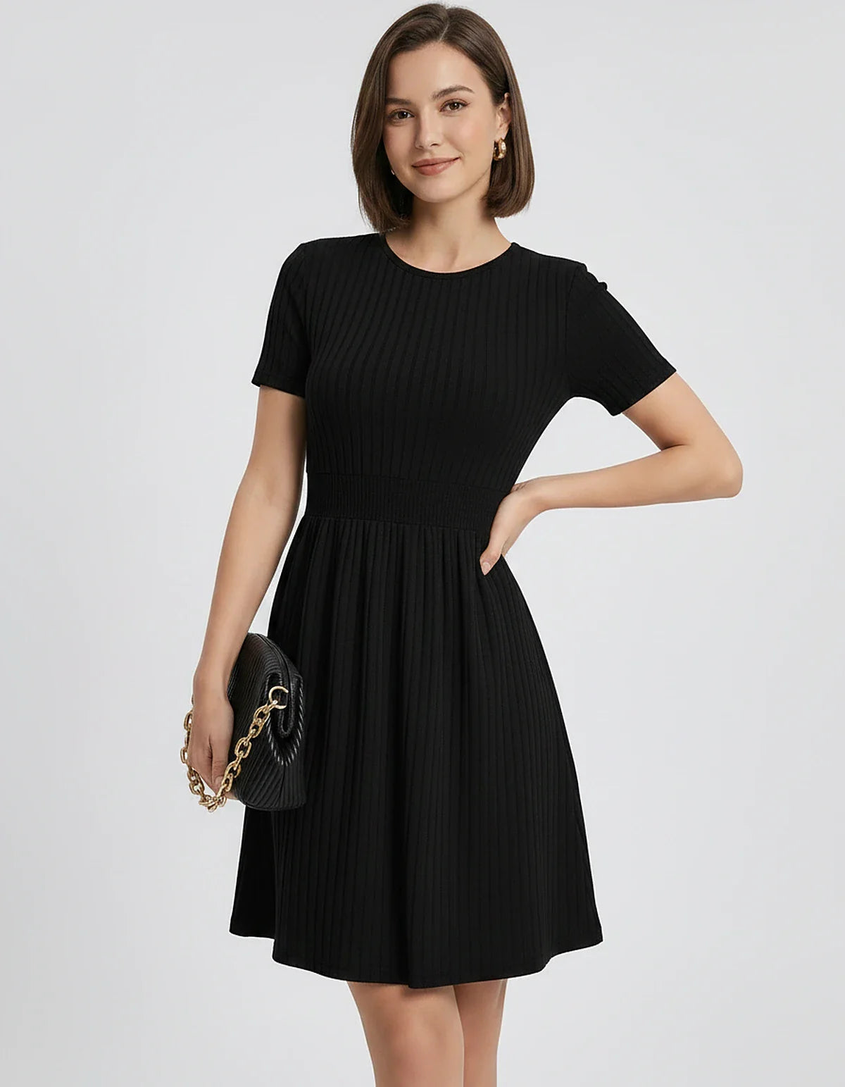 Ribbed Knit Short Sleeve O-Neck Fit and Flare Mini Dress for Party, Cocktail, Evening, Summer and Wedding Guest Wear, front v | SKU: VMD-584729163847251-BLACK-L,VMD-584729163847251-BLACK-M,VMD-584729163847251-BLACK-S,VMD-584729163847251-BLACK-XL,VMD-584729163847251-BLACK-XS
