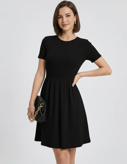 Ribbed Knit Short Sleeve O-Neck Fit and Flare Mini Dress for Party, Cocktail, Evening, Summer and Wedding Guest Wear, front v | SKU: VMD-584729163847251-BLACK-L,VMD-584729163847251-BLACK-M,VMD-584729163847251-BLACK-S,VMD-584729163847251-BLACK-XL,VMD-584729163847251-BLACK-XS