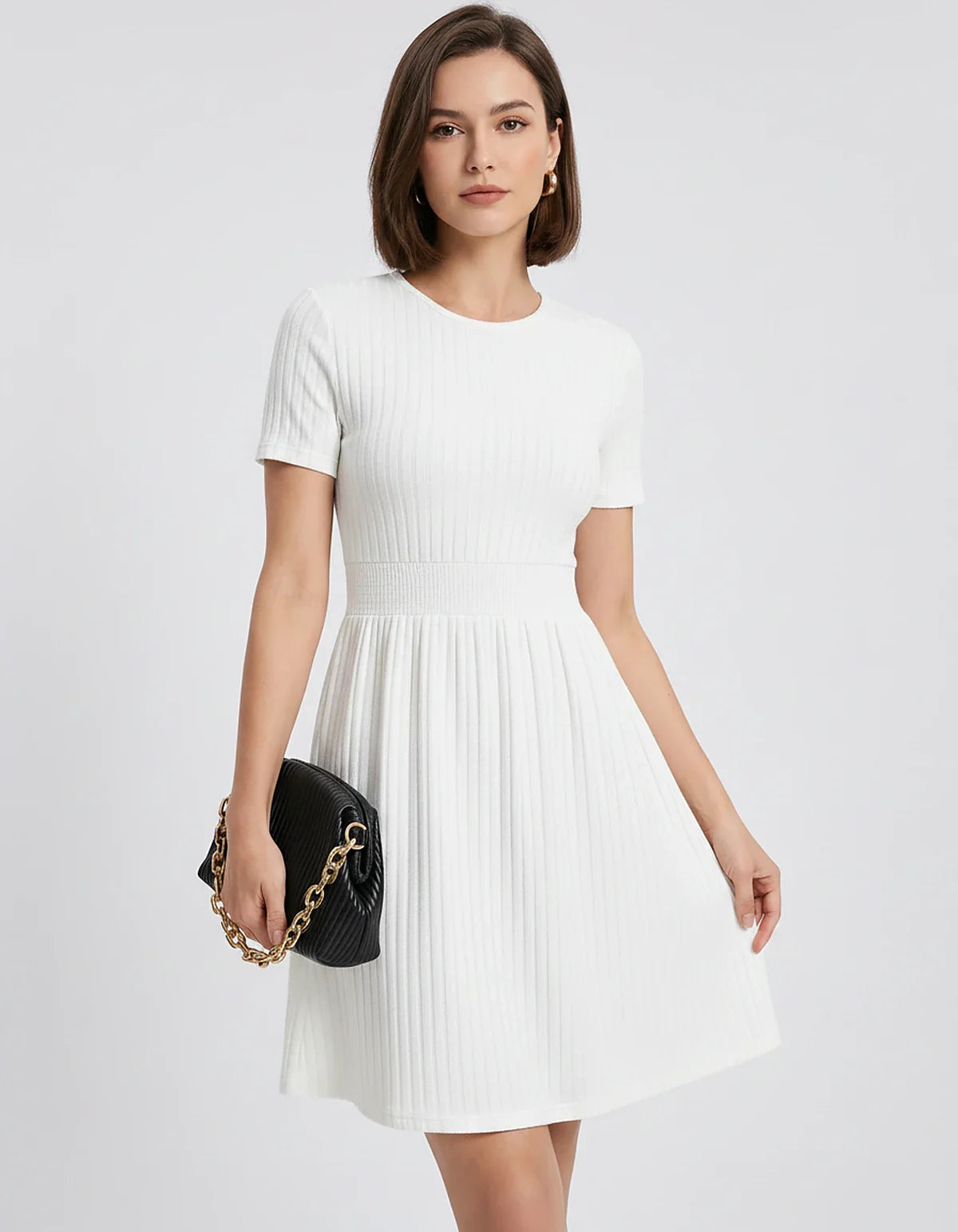 Ribbed Knit Short Sleeve O-Neck Fit and Flare Mini Dress for Party, Cocktail, Evening, Summer and Wedding Guest Wear in White