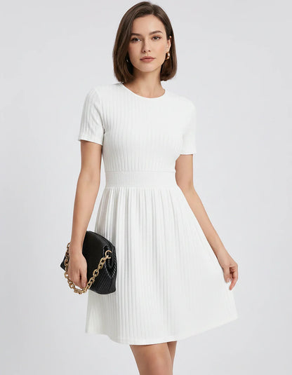 Ribbed Knit Short Sleeve O-Neck Fit and Flare Mini Dress for Party, Cocktail, Evening, Summer and Wedding Guest Wear in White