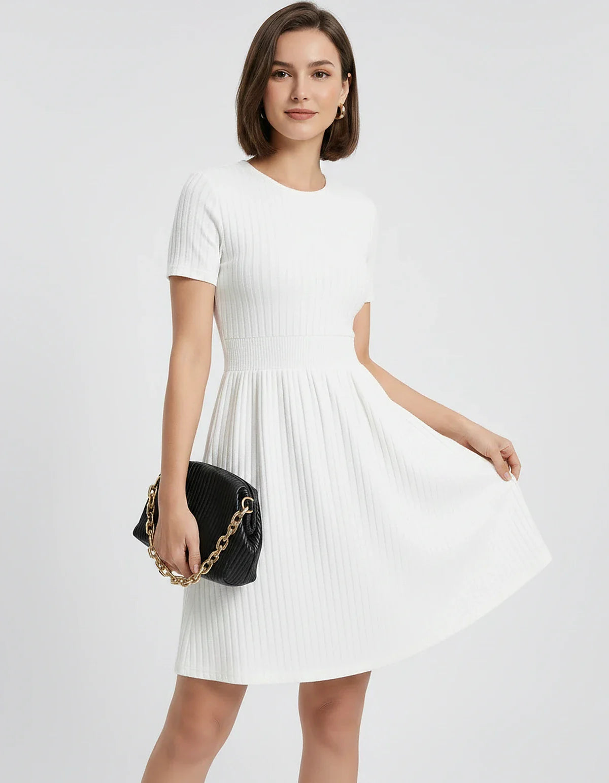 Ribbed Knit Short Sleeve O-Neck Fit and Flare Mini Dress for Party, Cocktail, Evening, Summer and Wedding Guest Wear, front v | SKU: VMD-584729163847251-WHITE-L,VMD-584729163847251-WHITE-M,VMD-584729163847251-WHITE-S,VMD-584729163847251-WHITE-XL,VMD-584729163847251-WHITE-XS