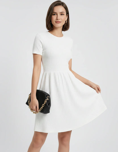 Ribbed Knit Short Sleeve O-Neck Fit and Flare Mini Dress for Party, Cocktail, Evening, Summer and Wedding Guest Wear, front v | SKU: VMD-584729163847251-WHITE-L,VMD-584729163847251-WHITE-M,VMD-584729163847251-WHITE-S,VMD-584729163847251-WHITE-XL,VMD-584729163847251-WHITE-XS