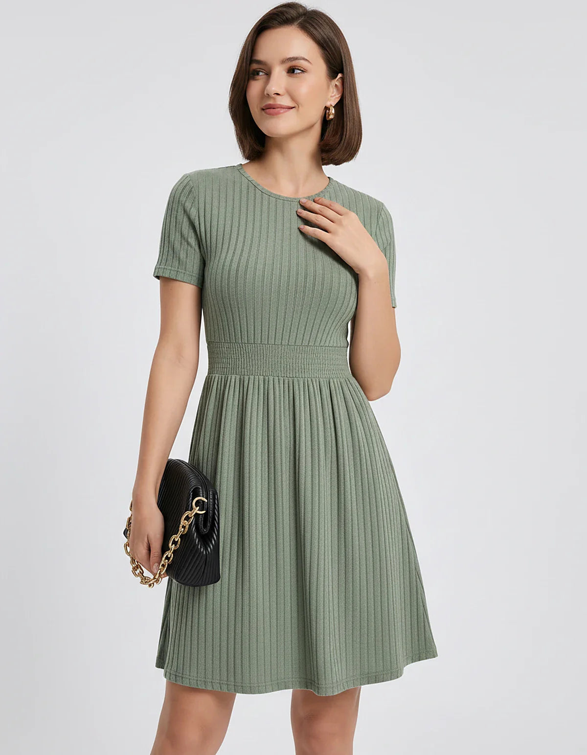 Ribbed Knit Short Sleeve O-Neck Fit and Flare Mini Dress for Party, Cocktail, Evening, Summer and Wedding Guest Wear, front v | SKU: VMD-584729163847251-GREEN-L,VMD-584729163847251-GREEN-M,VMD-584729163847251-GREEN-S,VMD-584729163847251-GREEN-XL,VMD-584729163847251-GREEN-XS