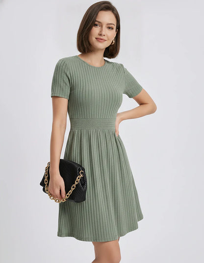 Ribbed Knit Short Sleeve O-Neck Fit and Flare Mini Dress for Party, Cocktail, Evening, Summer and Wedding Guest Wear, front v | SKU: VMD-584729163847251-GREEN-L,VMD-584729163847251-GREEN-M,VMD-584729163847251-GREEN-S,VMD-584729163847251-GREEN-XL,VMD-584729163847251-GREEN-XS
