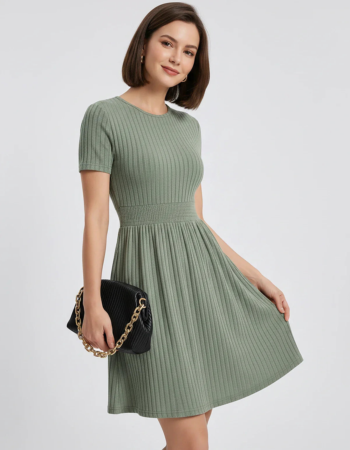 Ribbed Knit Short Sleeve O-Neck Fit and Flare Mini Dress for Party, Cocktail, Evening, Summer and Wedding Guest Wear, front v | SKU: VMD-584729163847251-GREEN-L,VMD-584729163847251-GREEN-M,VMD-584729163847251-GREEN-S,VMD-584729163847251-GREEN-XL,VMD-584729163847251-GREEN-XS