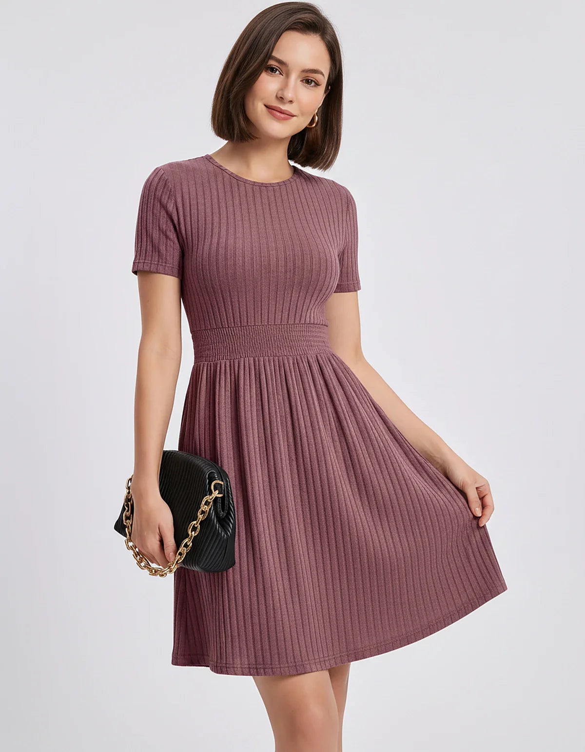 Ribbed Knit Short Sleeve O-Neck Fit and Flare Mini Dress for Party, Cocktail, Evening, Summer and Wedding Guest Wear, front v | SKU: VMD-584729163847251-PINK-L,VMD-584729163847251-PINK-M,VMD-584729163847251-PINK-S,VMD-584729163847251-PINK-XL,VMD-584729163847251-PINK-XS