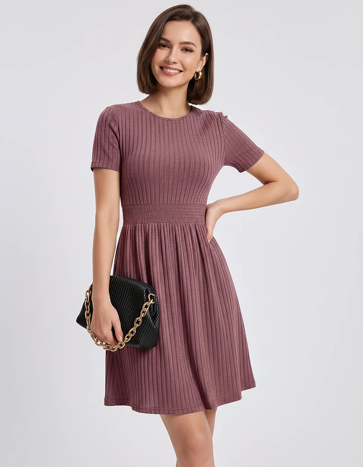 Ribbed Knit Short Sleeve O-Neck Fit and Flare Mini Dress for Party, Cocktail, Evening, Summer and Wedding Guest Wear, front v | SKU: VMD-584729163847251-PINK-L,VMD-584729163847251-PINK-M,VMD-584729163847251-PINK-S,VMD-584729163847251-PINK-XL,VMD-584729163847251-PINK-XS