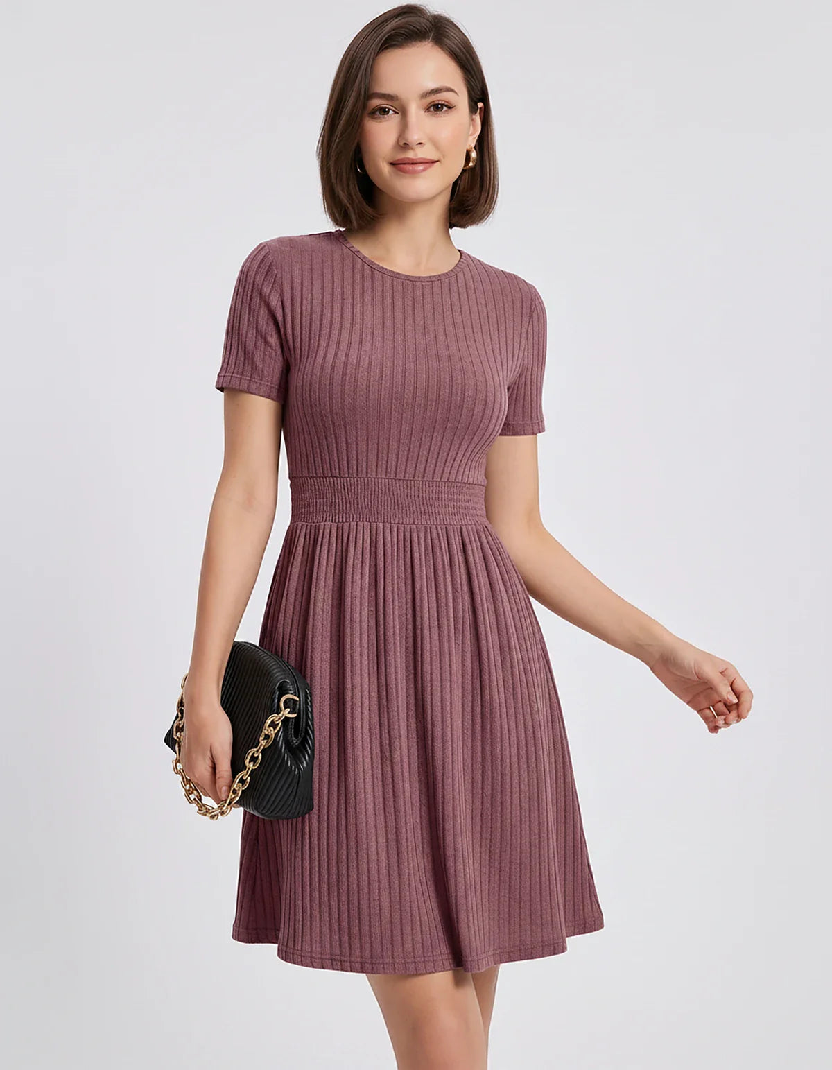 Ribbed Knit Short Sleeve O-Neck Fit and Flare Mini Dress for Party, Cocktail, Evening, Summer and Wedding Guest Wear, front v | SKU: VMD-584729163847251-PINK-L,VMD-584729163847251-PINK-M,VMD-584729163847251-PINK-S,VMD-584729163847251-PINK-XL,VMD-584729163847251-PINK-XS