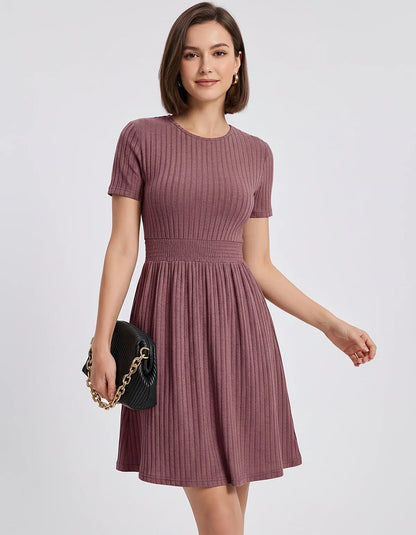 Ribbed Knit Short Sleeve O-Neck Fit and Flare Mini Dress for Party, Cocktail, Evening, Summer and Wedding Guest Wear, front v | SKU: VMD-584729163847251-PINK-L,VMD-584729163847251-PINK-M,VMD-584729163847251-PINK-S,VMD-584729163847251-PINK-XL,VMD-584729163847251-PINK-XS