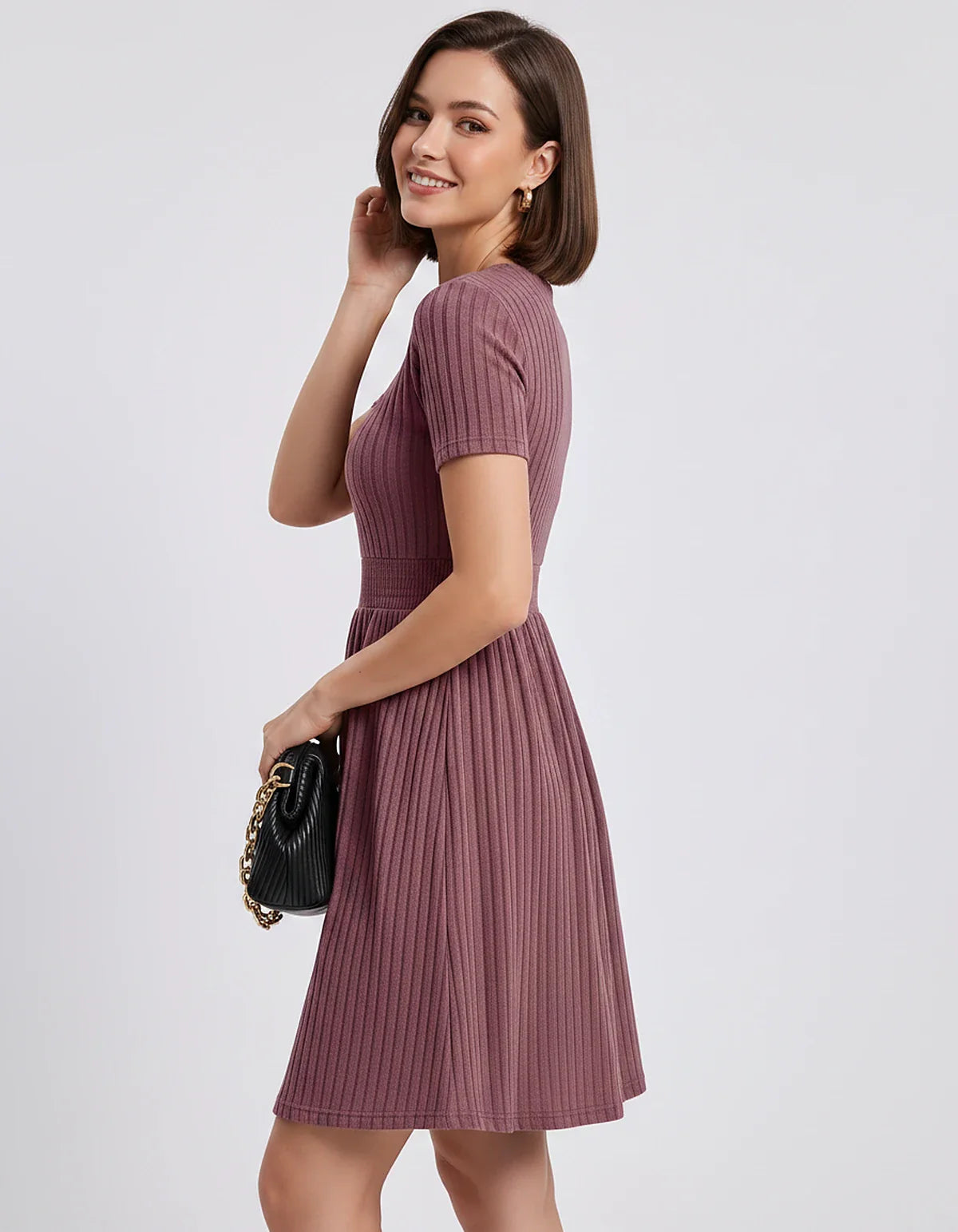 Ribbed Knit Short Sleeve O-Neck Fit and Flare Mini Dress for Party, Cocktail, Evening, Summer and Wedding Guest Wear, side vi | SKU: VMD-584729163847251-PINK-L,VMD-584729163847251-PINK-M,VMD-584729163847251-PINK-S,VMD-584729163847251-PINK-XL,VMD-584729163847251-PINK-XS