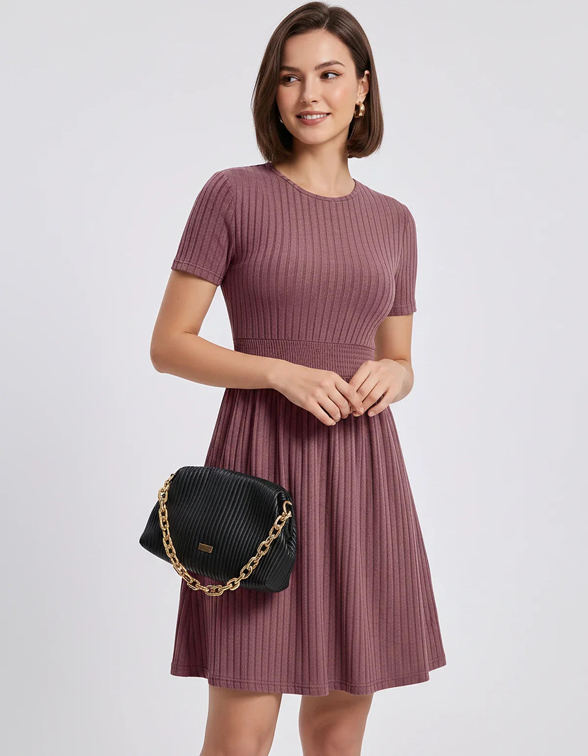 Ribbed Knit Short Sleeve O-Neck Fit and Flare Mini Dress for Party, Cocktail, Evening, Summer and Wedding Guest Wear, front v | SKU: VMD-584729163847251-PINK-L,VMD-584729163847251-PINK-M,VMD-584729163847251-PINK-S,VMD-584729163847251-PINK-XL,VMD-584729163847251-PINK-XS