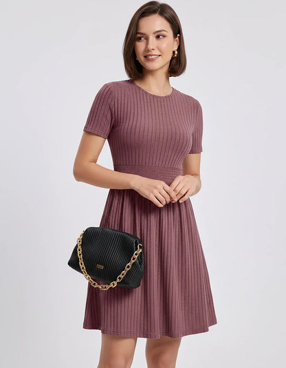 Ribbed Knit Short Sleeve O-Neck Fit and Flare Mini Dress for Party, Cocktail, Evening, Summer and Wedding Guest Wear, front v | SKU: VMD-584729163847251-PINK-L,VMD-584729163847251-PINK-M,VMD-584729163847251-PINK-S,VMD-584729163847251-PINK-XL,VMD-584729163847251-PINK-XS