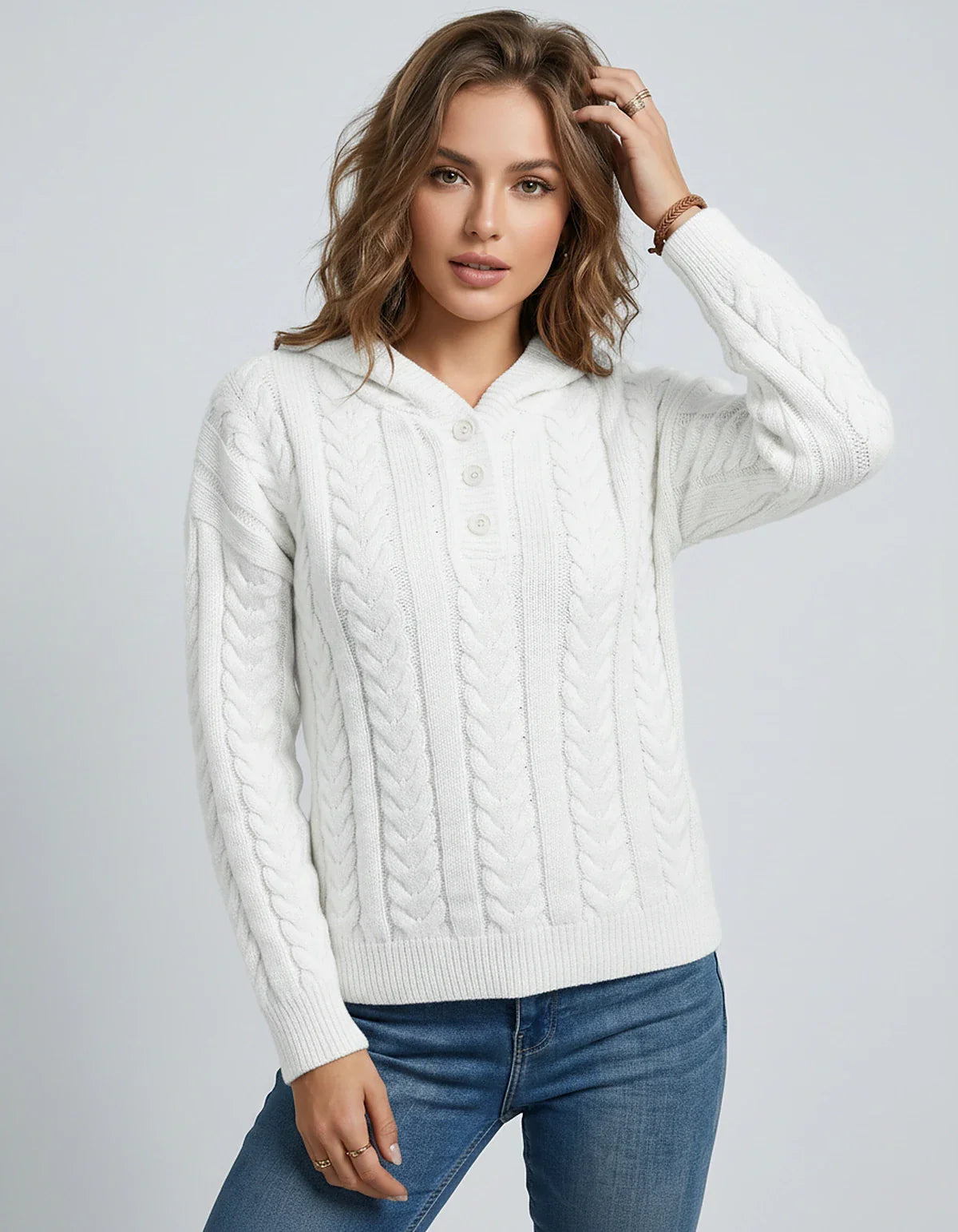 Women’s Cable Knit Hooded Knitwear Pullover with Button Placket, Heavyweight Relaxed Fit Sweater for Autumn Winter Layering, 