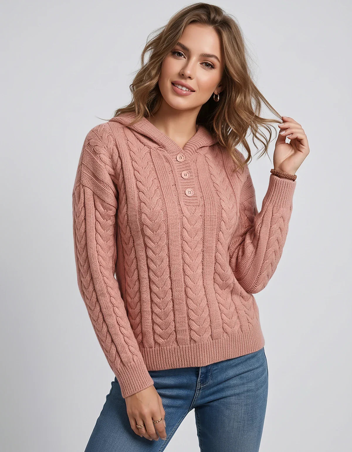 Women’s Cable Knit Hooded Knitwear Pullover with Button Placket, Heavyweight Relaxed Fit Sweater for Autumn Winter Layering, | SKU: VK-583721946-PINK-L,VK-583721946-PINK-M,VK-583721946-PINK-S,VK-583721946-PINK-XL,VK-583721946-PINK-XS
